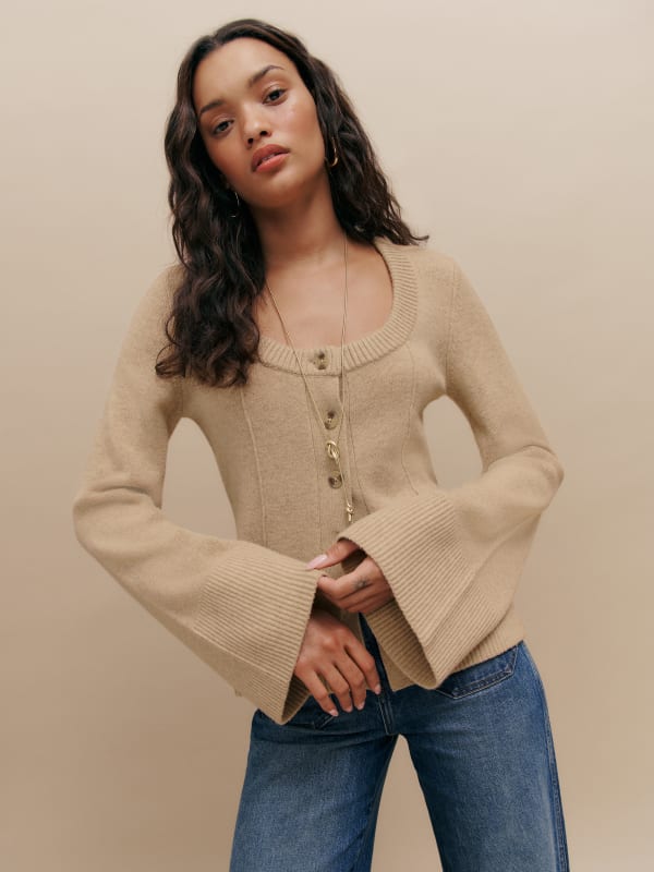 Karina Regenerative Wool Scoop Neck Cardigan - Linen